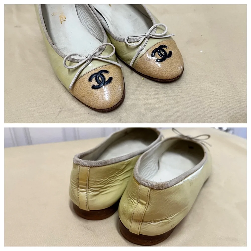 CHANEL Two-Tone Yellow and Beige Cap-Toe Ballet Flats with Black Logo